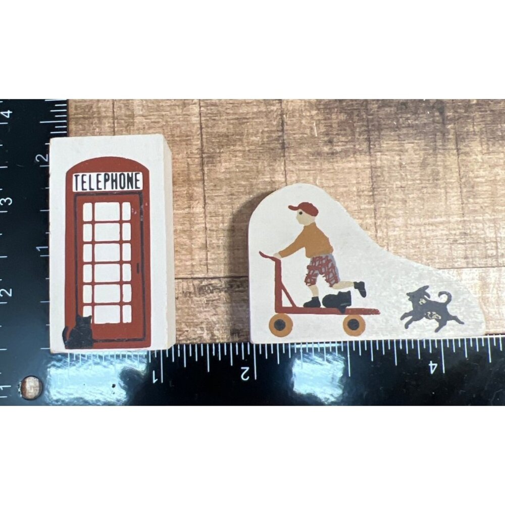 Cat's Meow Decorative Wooden Blocks With Telephone Booth & Dog On Scooter Design